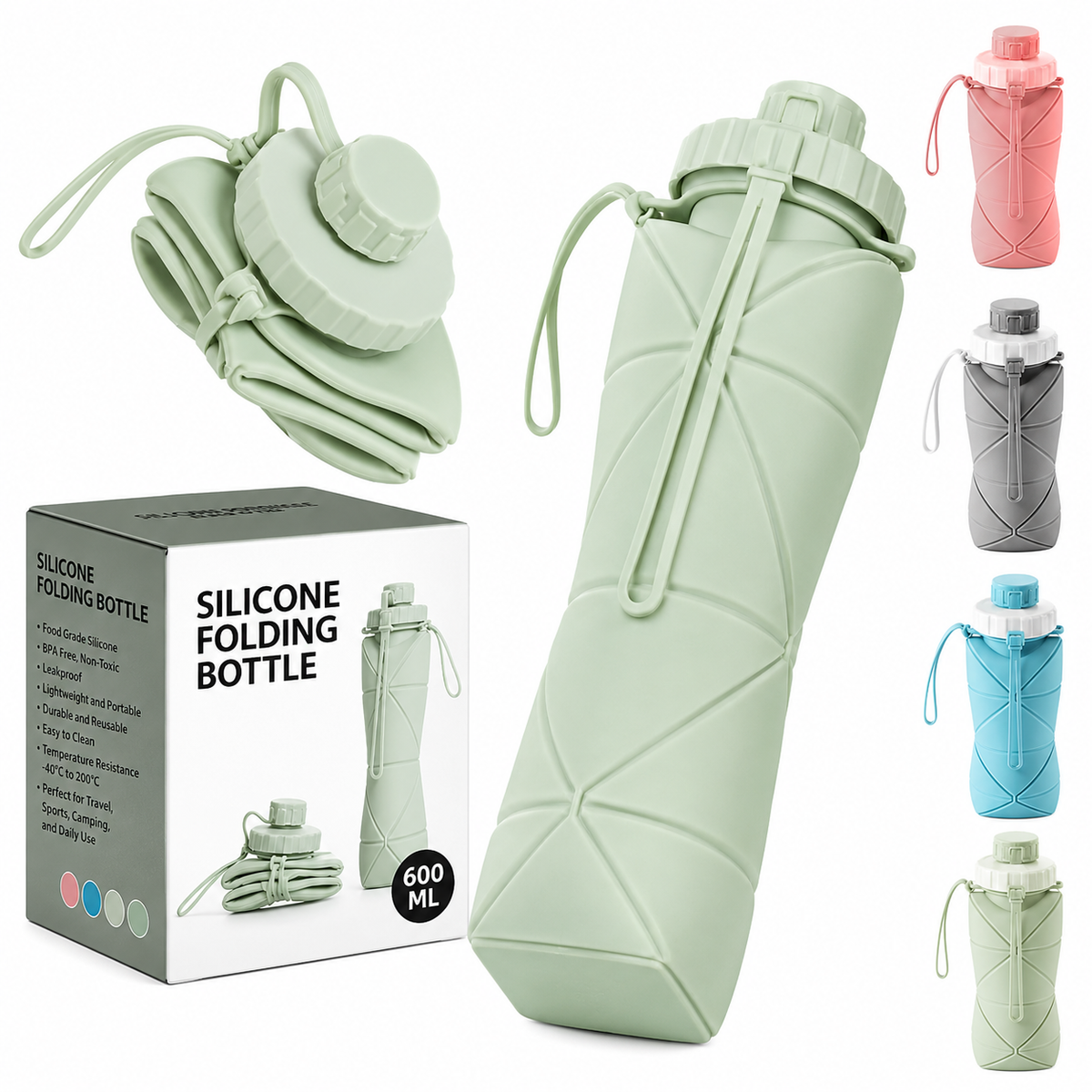 Silicone Folding Bottle | 600ML Silicon Foldable Bottle | Smart Travel Bottle Collapsible Design (Random Color)