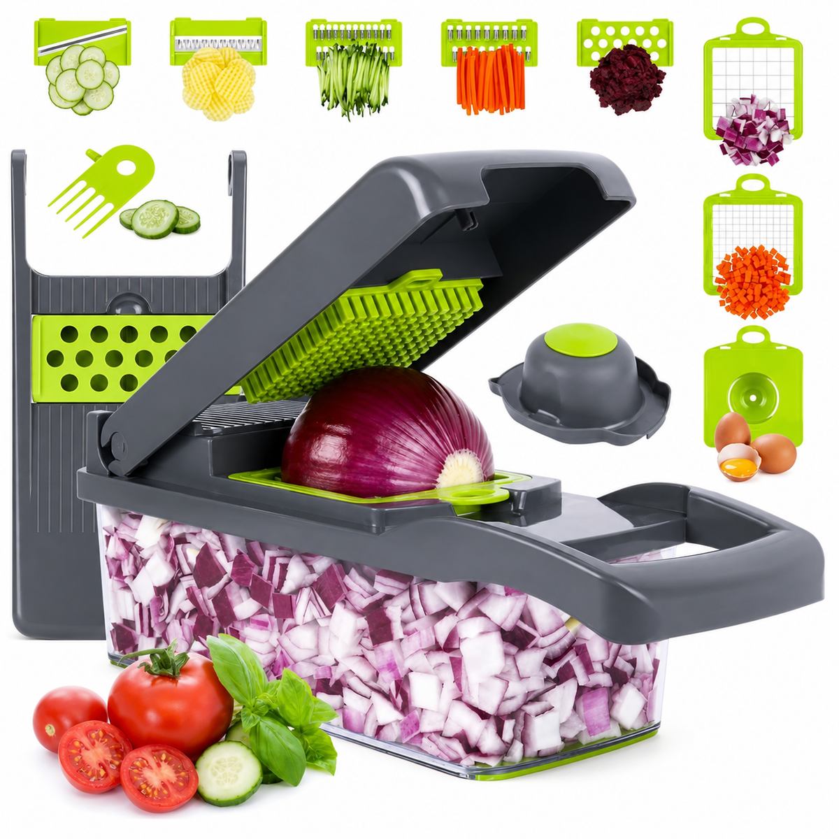 Vegetable Chopper 16 Pcs Set – Manual Onion Chopper, Food Slicer, Dicer, Grater & Potato Cutter with Handle – Multi-Function Kitchen Tool