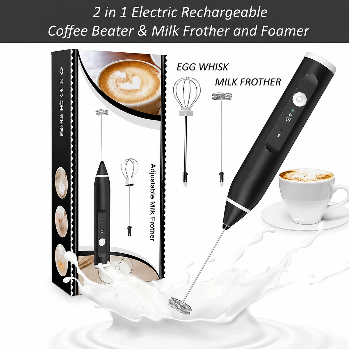 2 In 1 Electric Coffee Beater - Milk Frother And Egg Whisk - USB Electric Rechargeable Kitchen Tool For Versatile Mixing And Frothing