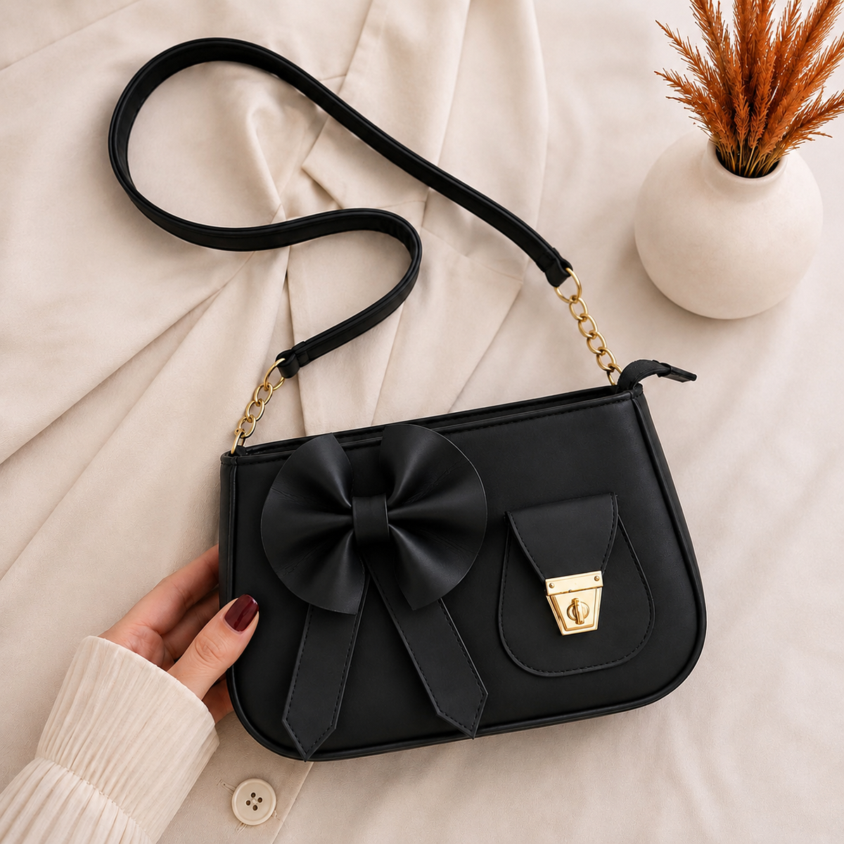 Bella Bow Shoulder Bag – Elegant Mini Handbag with Chic Bow Design & Gold Details